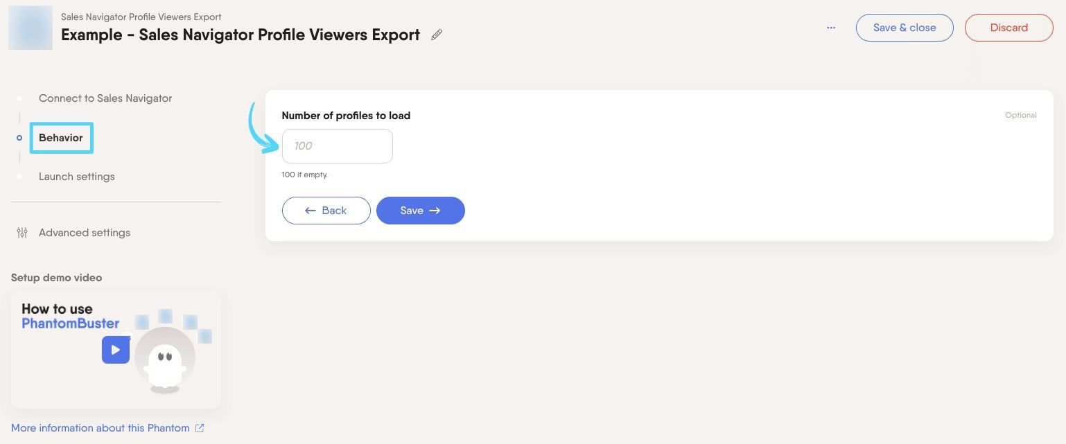 PhantomBuster Sales Navigator Profile Viewers Export step 2 configuring how many profile viewers to extract