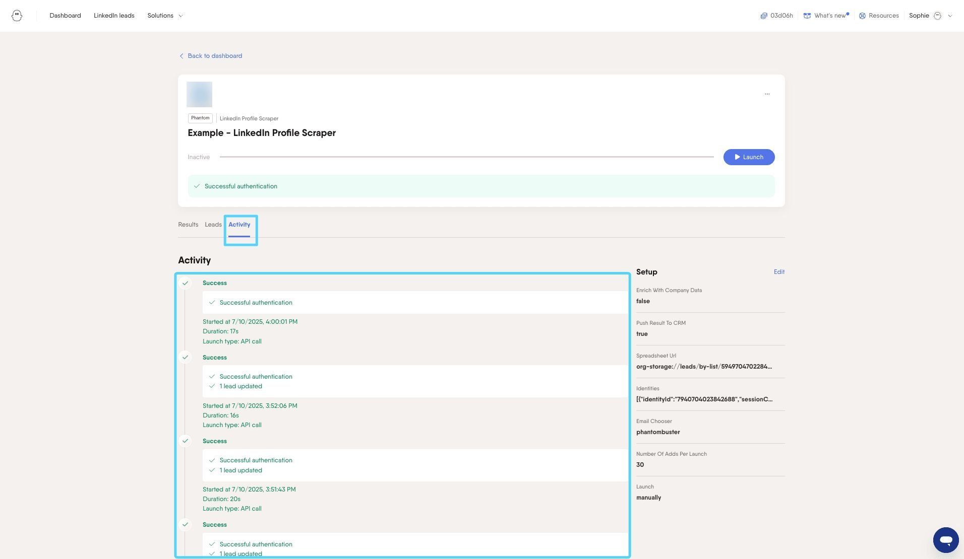 PhantomBuster results page showing the data scraped from the Clay leads