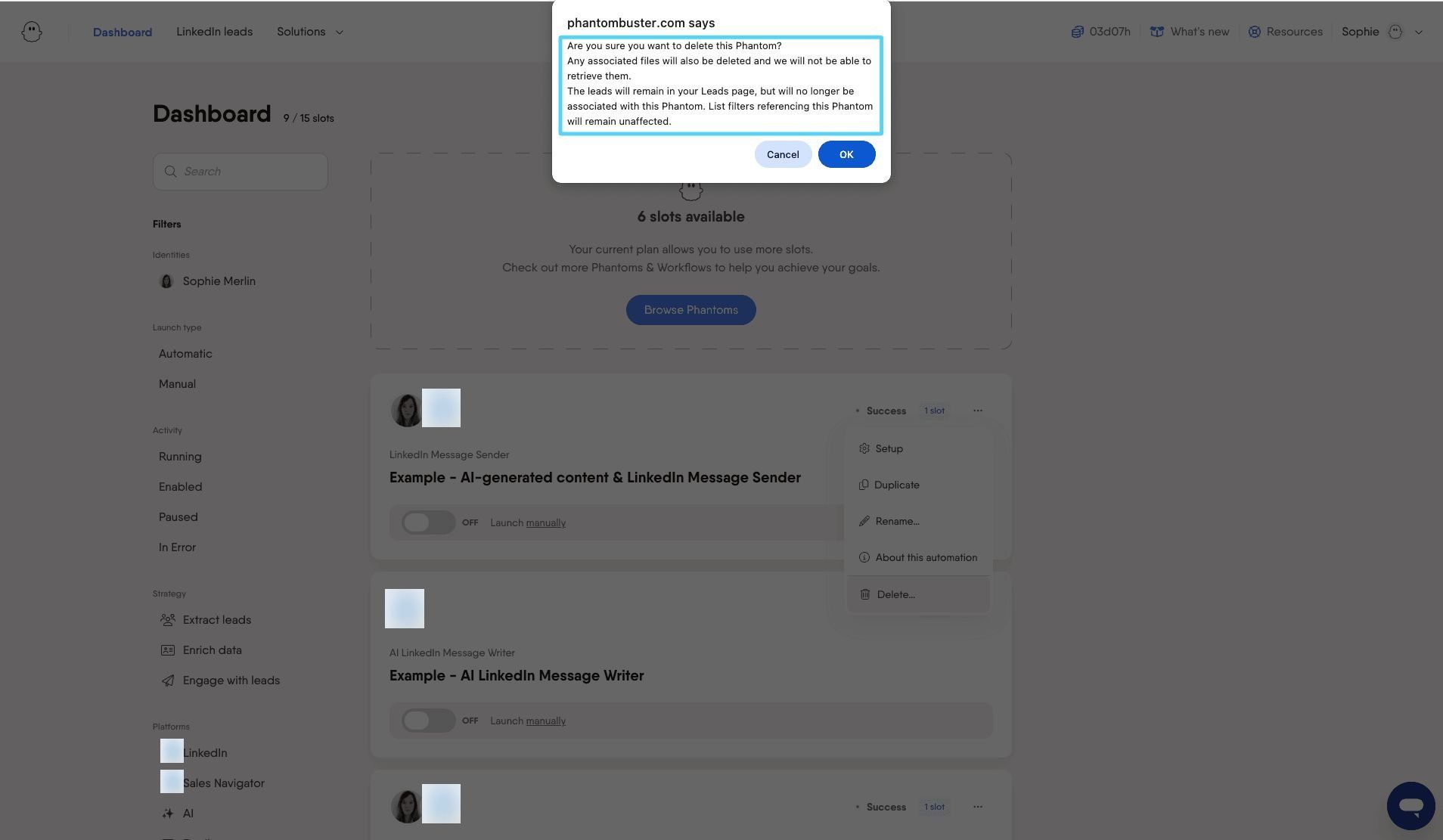 PhantomBuster confirmation popup warning that deleting a Phantom removes all result files and launch history