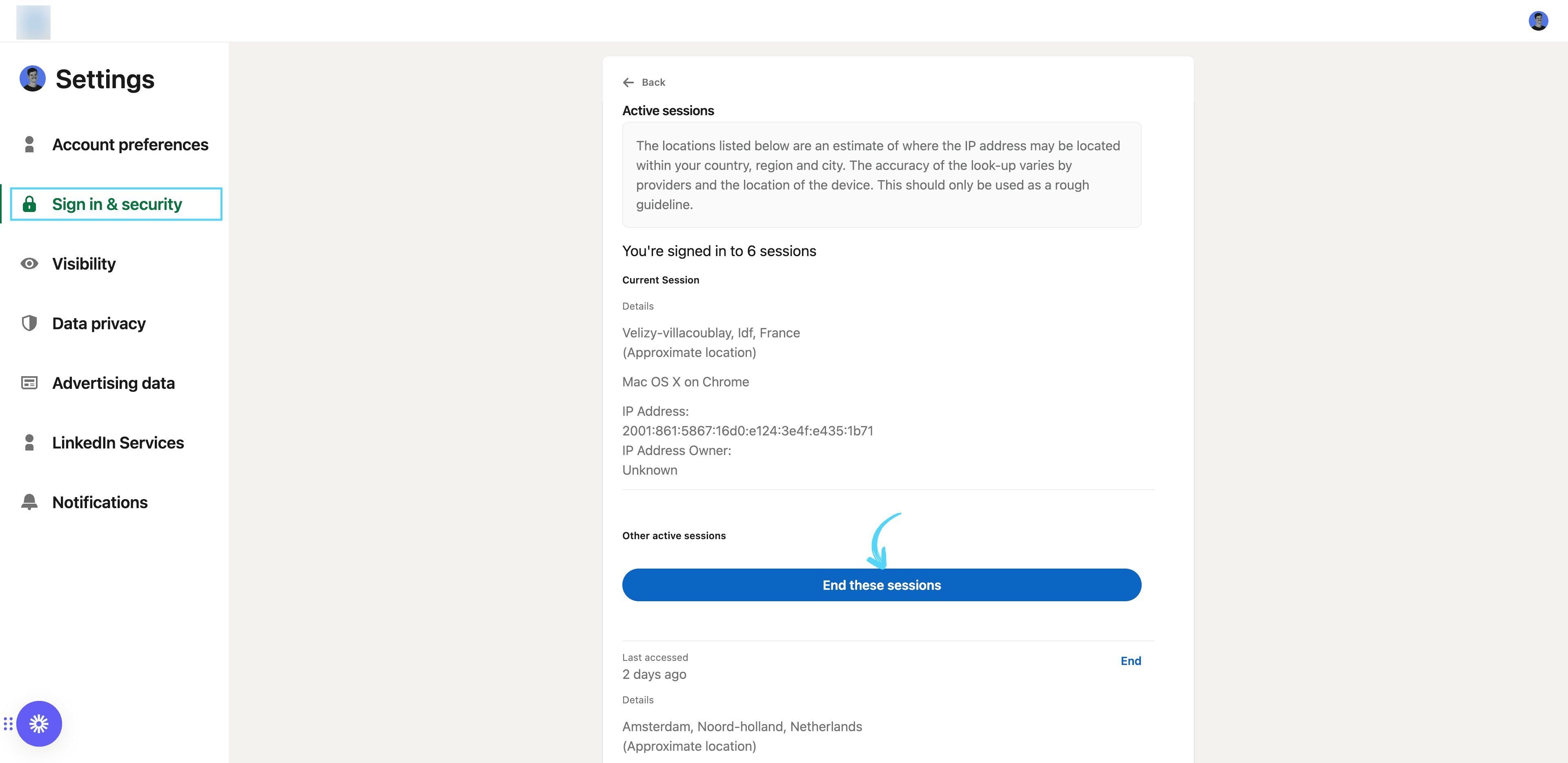 LinkedIn Sign-in & Security settings page with End these sessions option to revoke access