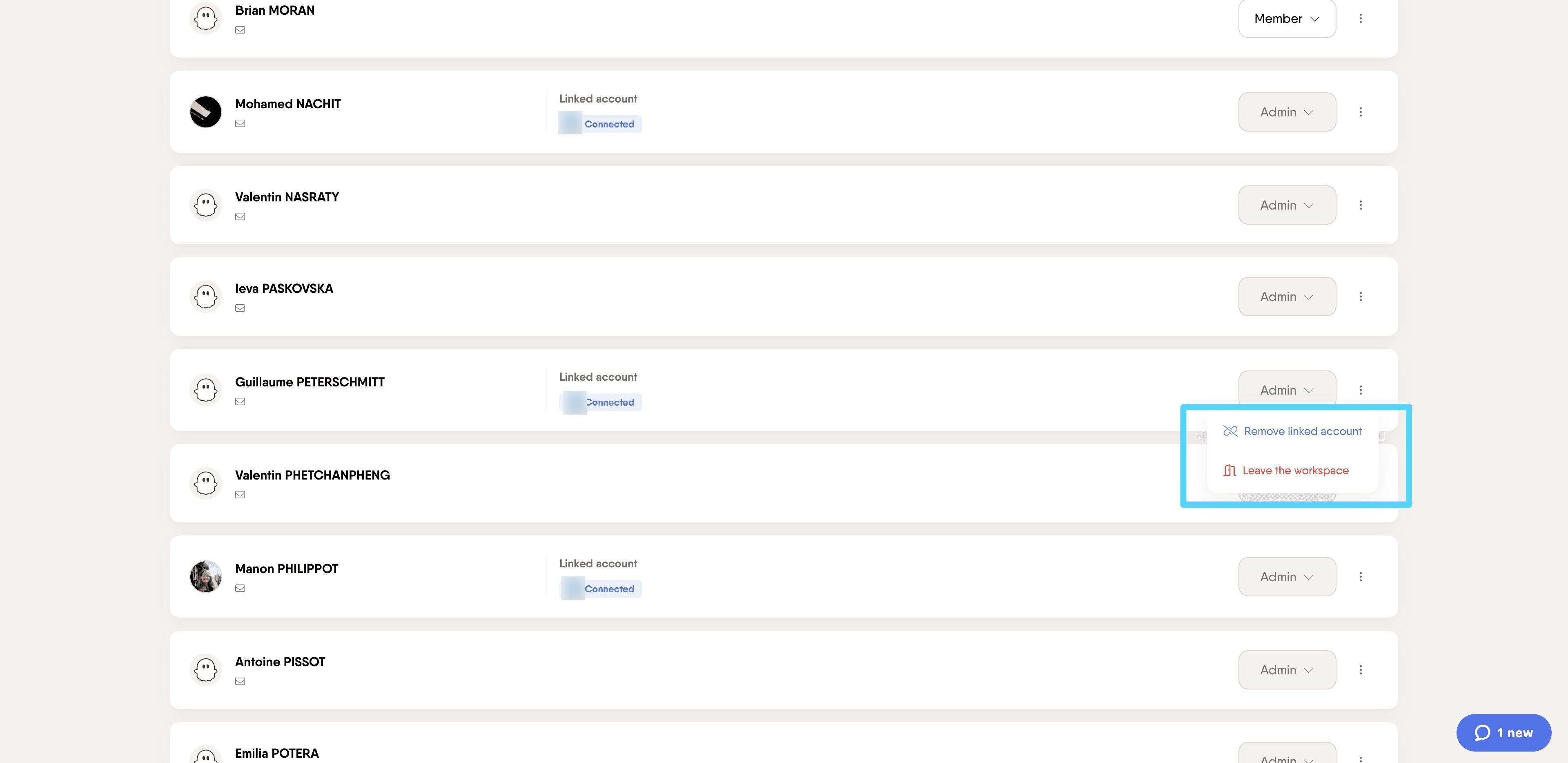 PhantomBuster Users tab with three-dot menu showing Remove Linked Account option next to a LinkedIn profile
