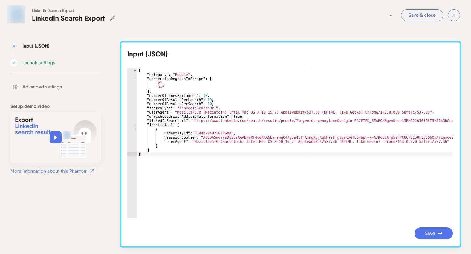PhantomBuster Phantom setup showing the input configuration in JSON format