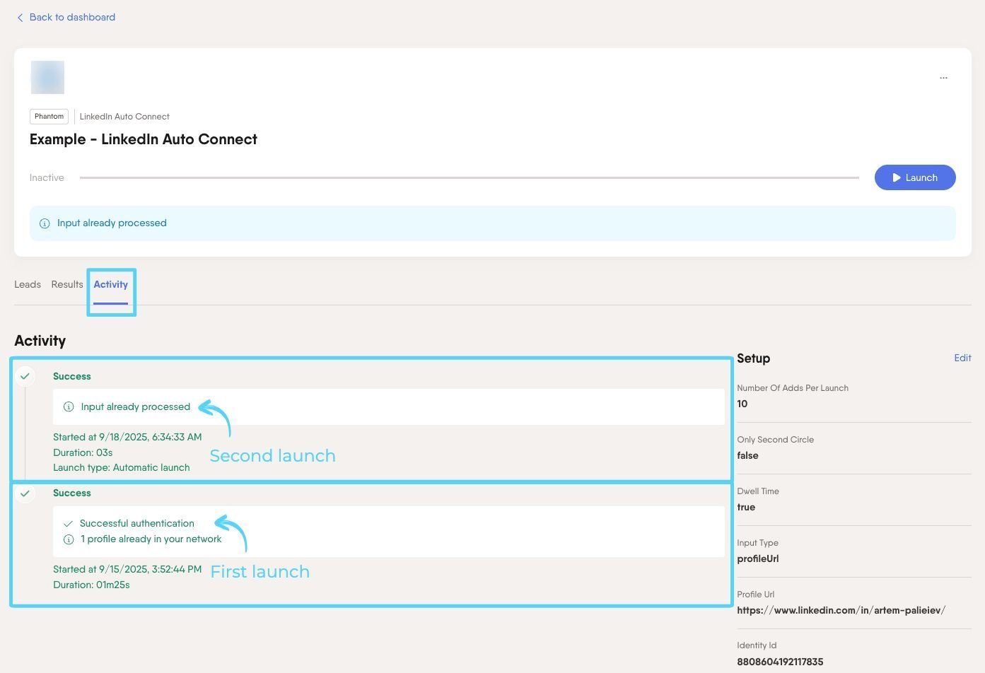 PhantomBuster Activity tab showing a Success status after a Phantom has finished processing all inputs