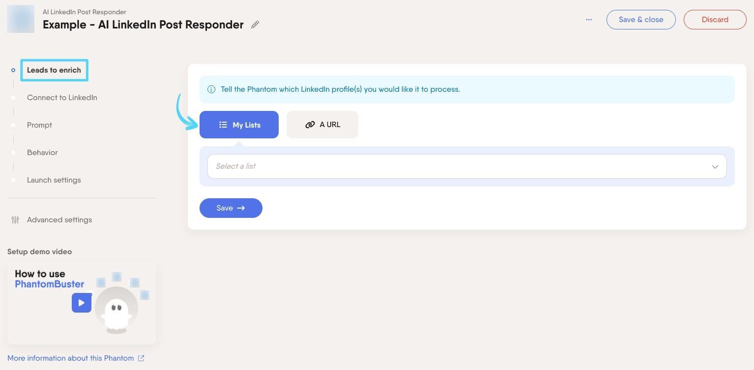 PhantomBuster AI LinkedIn Post Responder step 1 selecting the leads from the LinkedIn Leads database