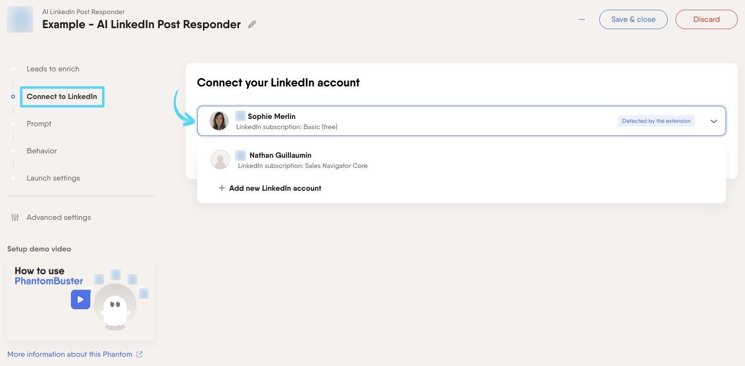 PhantomBuster AI LinkedIn Post Responder step 2 connecting a LinkedIn account