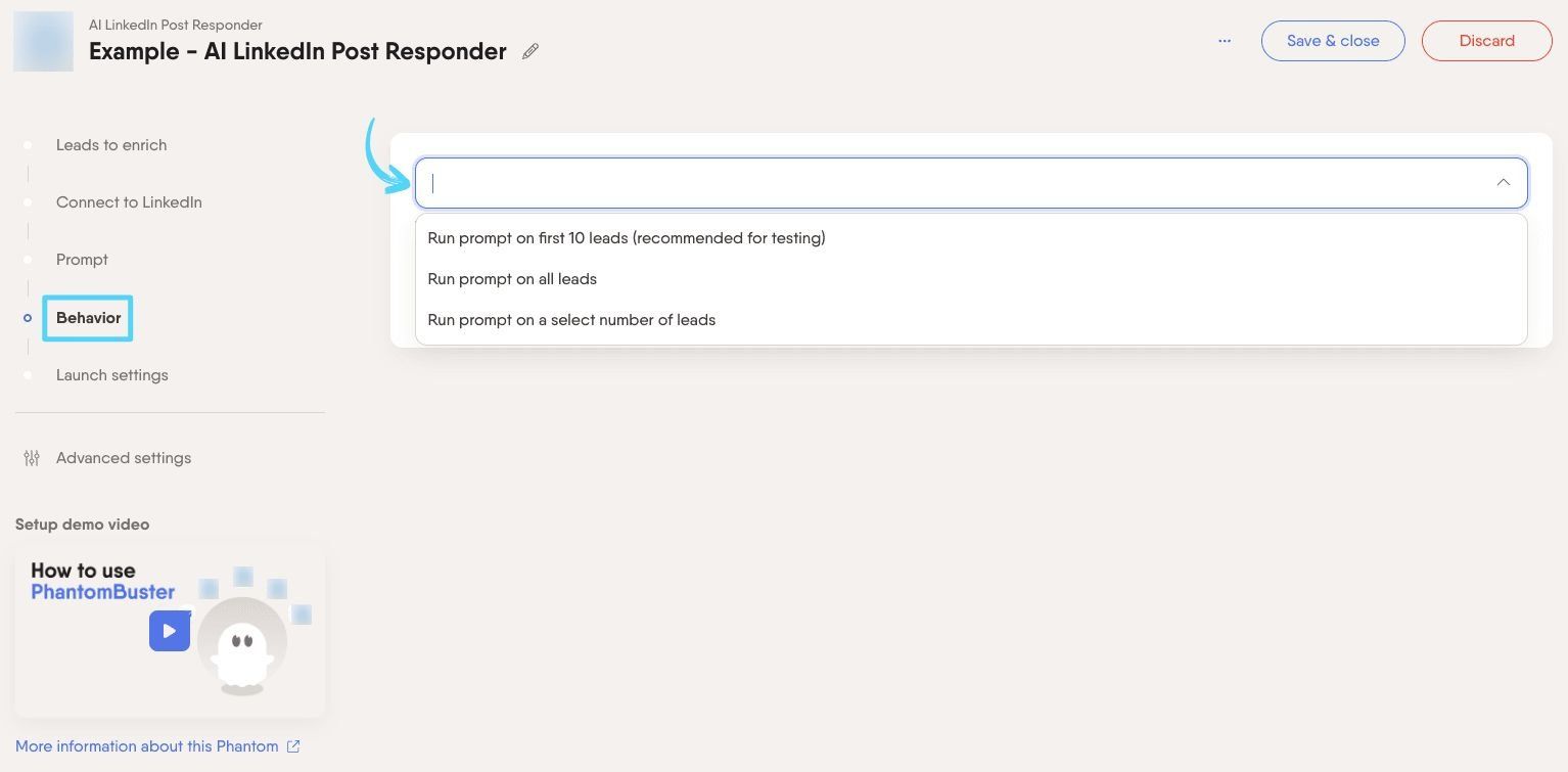 PhantomBuster AI LinkedIn Post Responder step 4 choosing how many leads to process