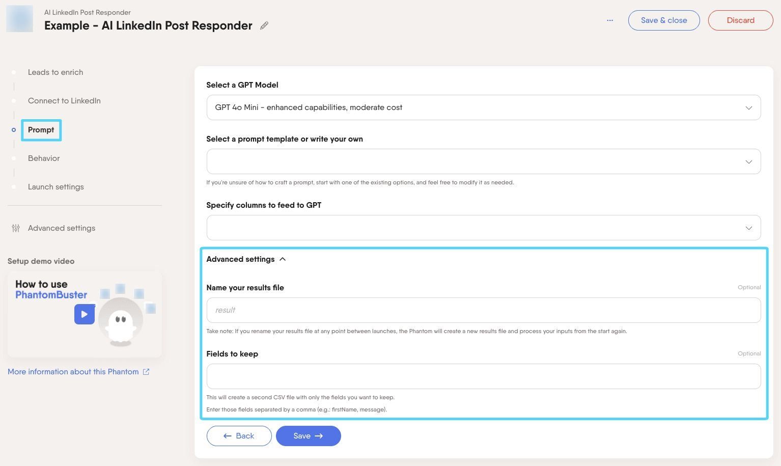 PhantomBuster AI LinkedIn Post Responder step 3 advanced settings for the results file and fields to keep