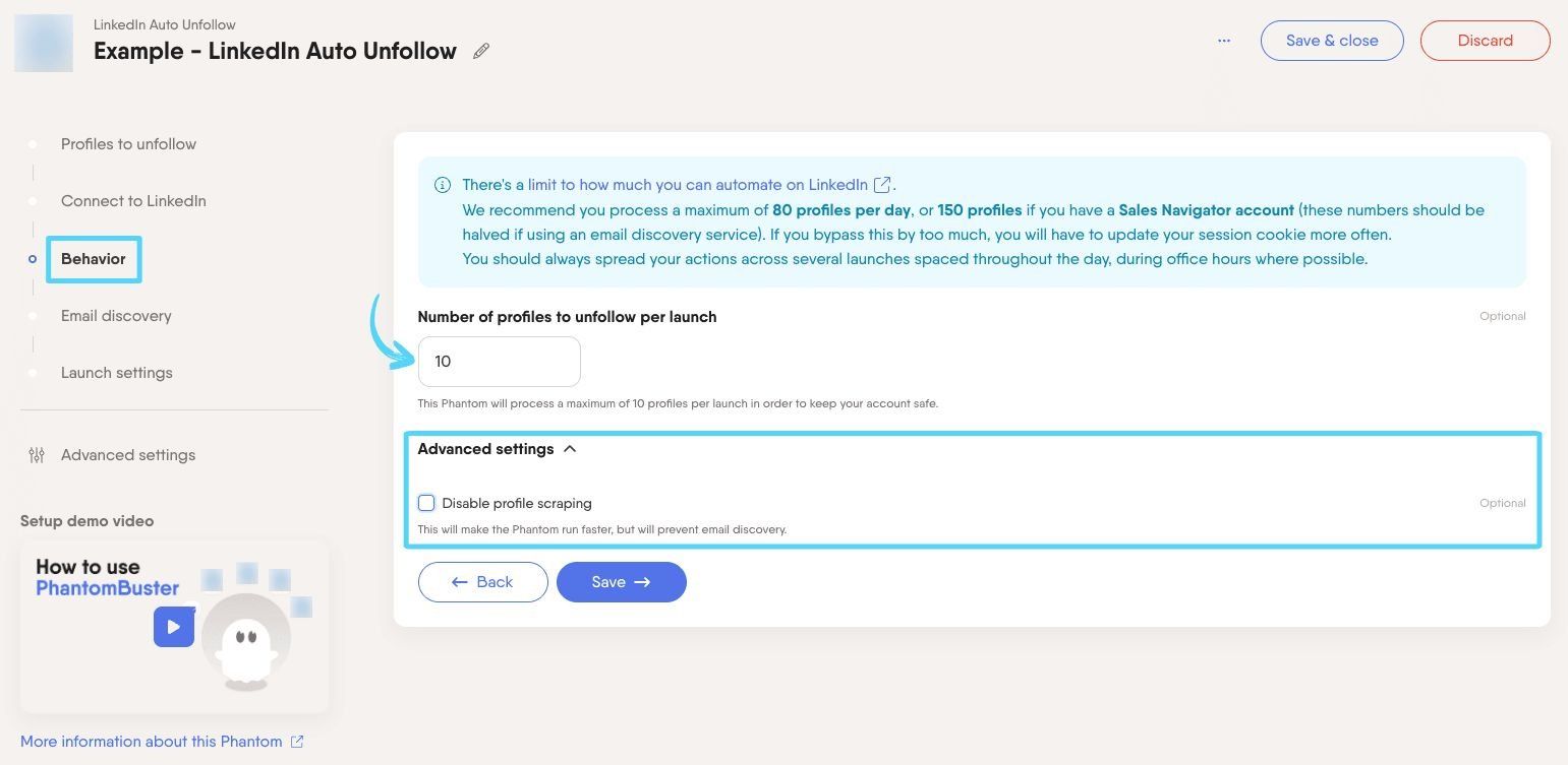 PhantomBuster LinkedIn Auto Unfollow step 3 setting how many profiles to unfollow per launch