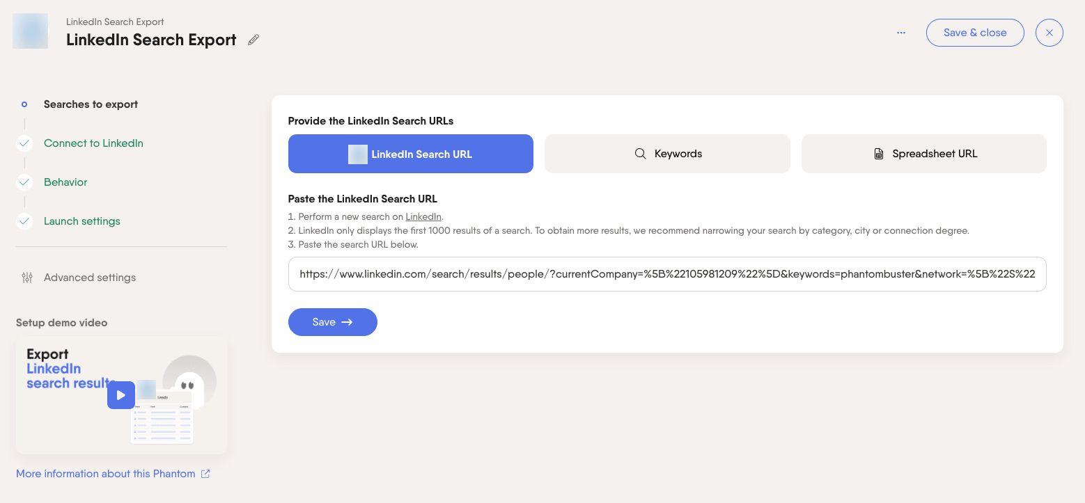 Phantom setup page with updated settings and Save and close button