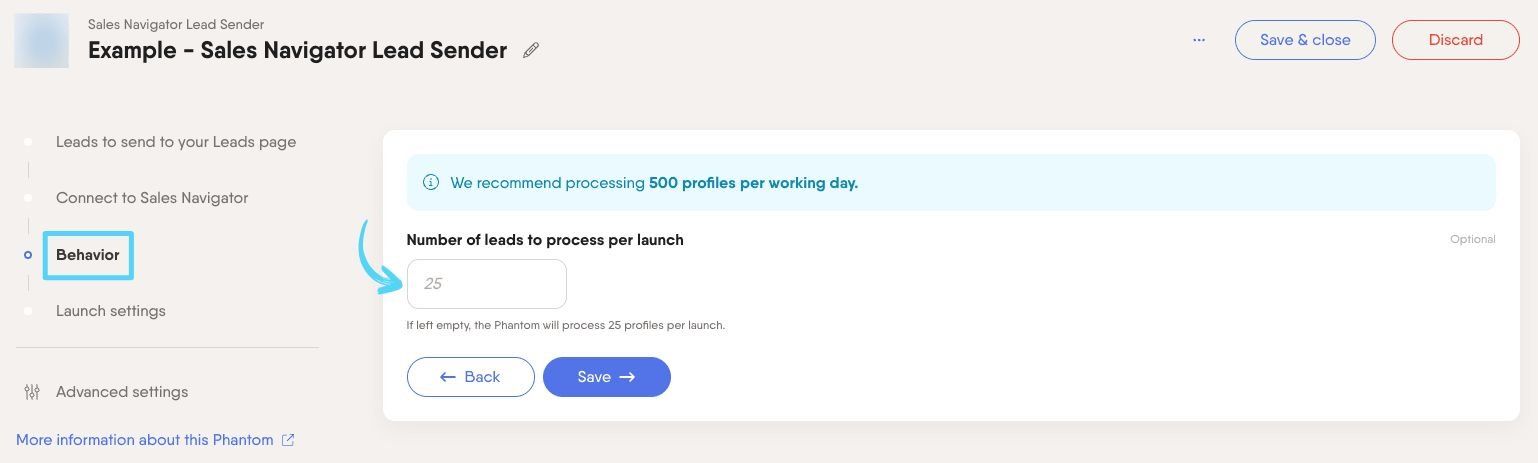 PhantomBuster Sales Navigator Lead Sender step 3 specifying how many leads to process per launch