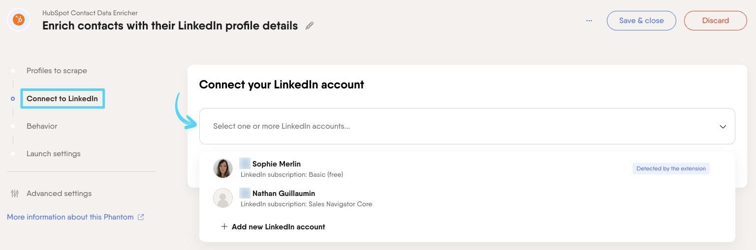 PhantomBuster HubSpot Contact Data Enricher step 2 connecting your LinkedIn account