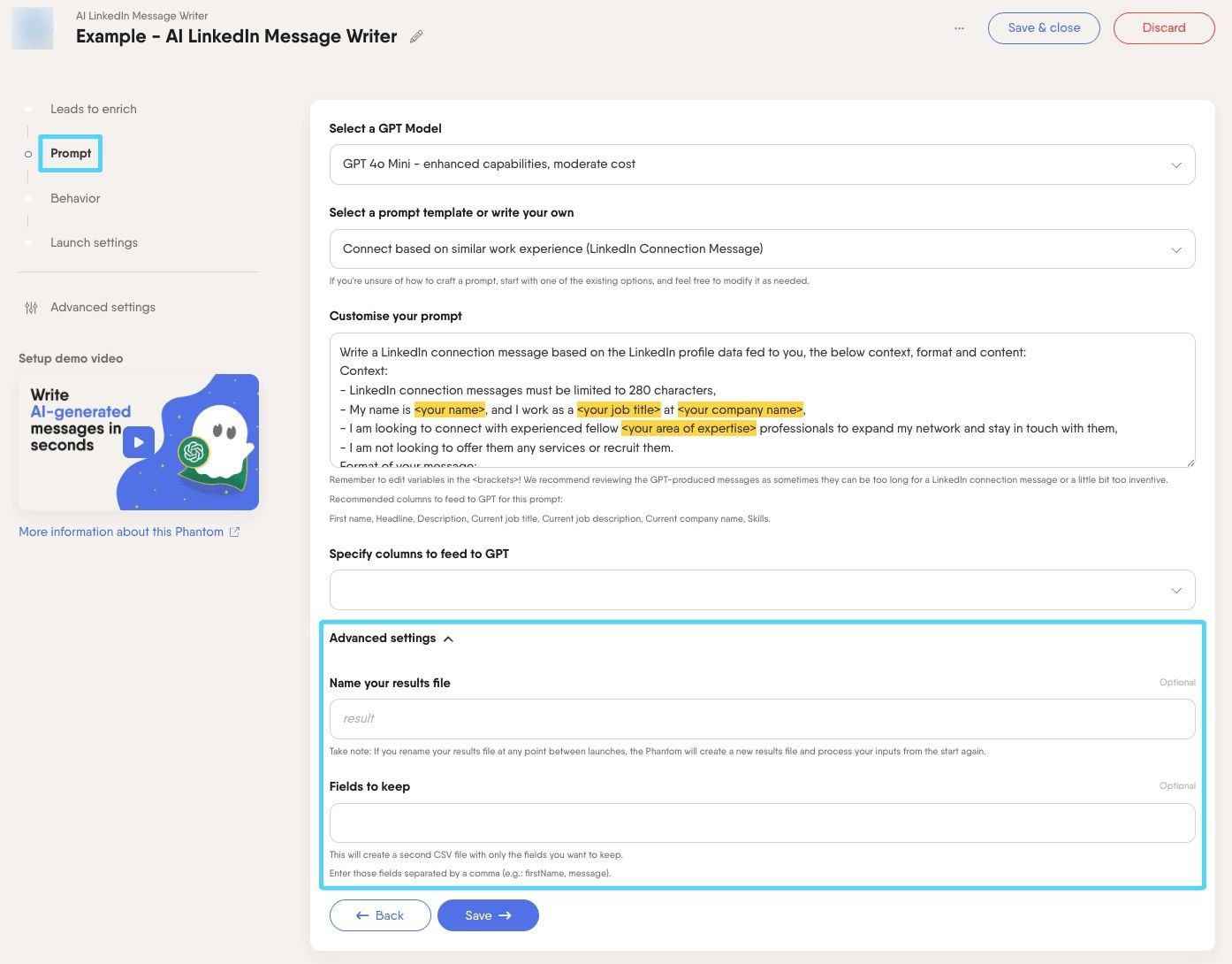 PhantomBuster AI LinkedIn Message Writer step 2 advanced settings for the results file and fields to keep