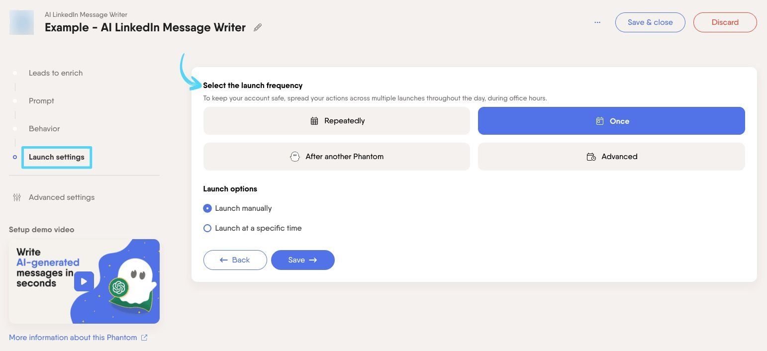 PhantomBuster AI LinkedIn Message Writer step 4 selecting the launch frequency