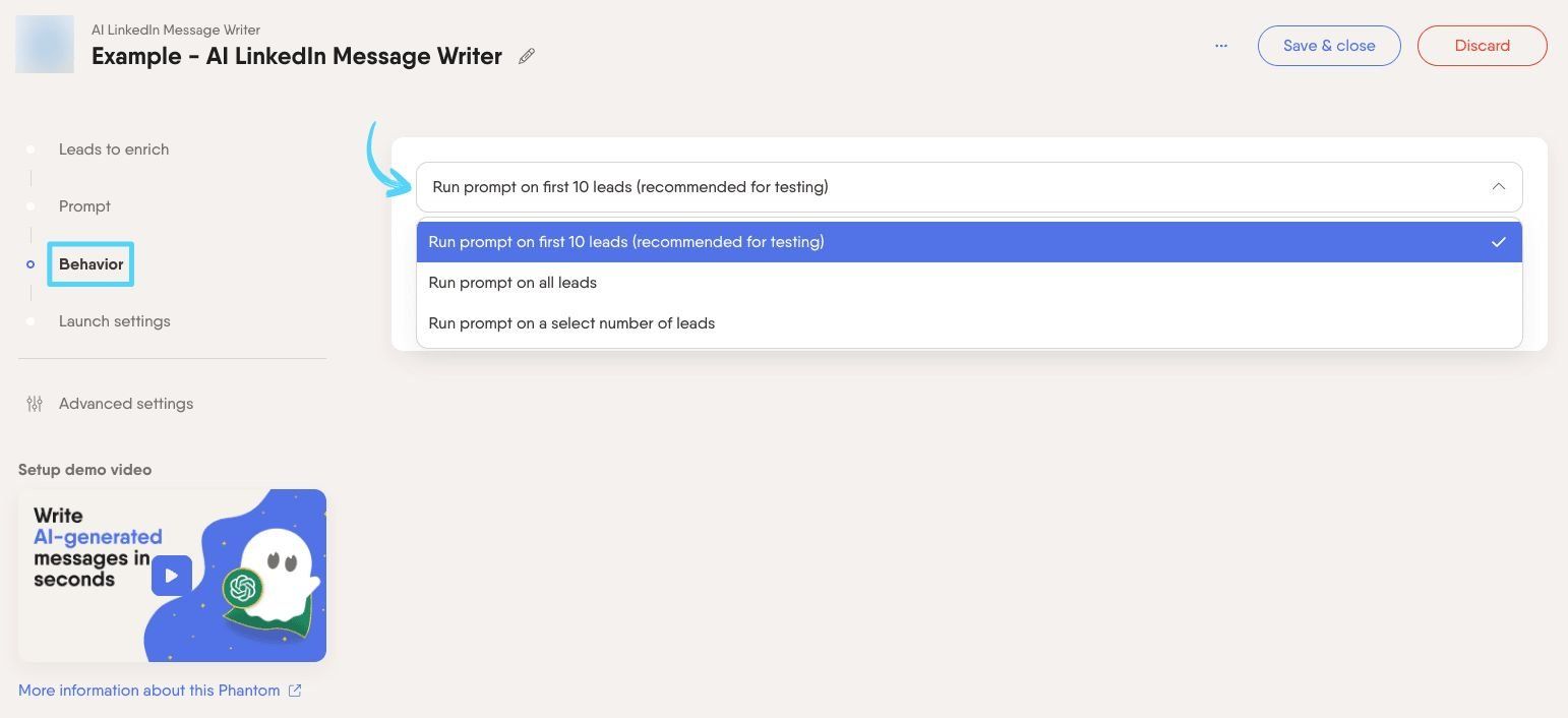 PhantomBuster AI LinkedIn Message Writer step 3 choosing how many leads to process
