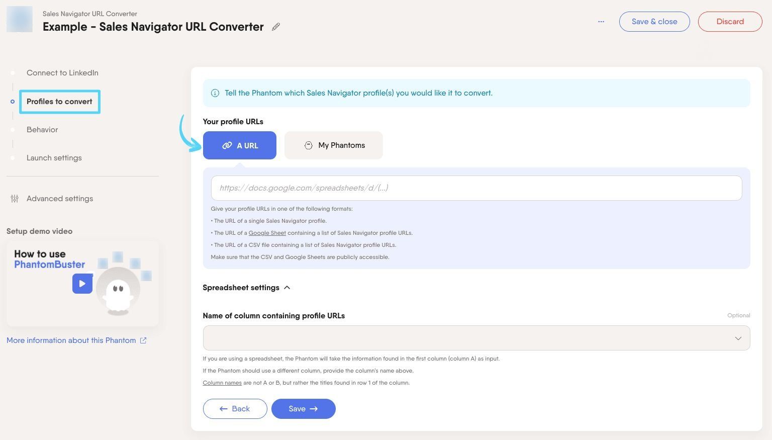 PhantomBuster Sales Navigator URL Converter step 2 providing the Sales Navigator profile URLs to convert
