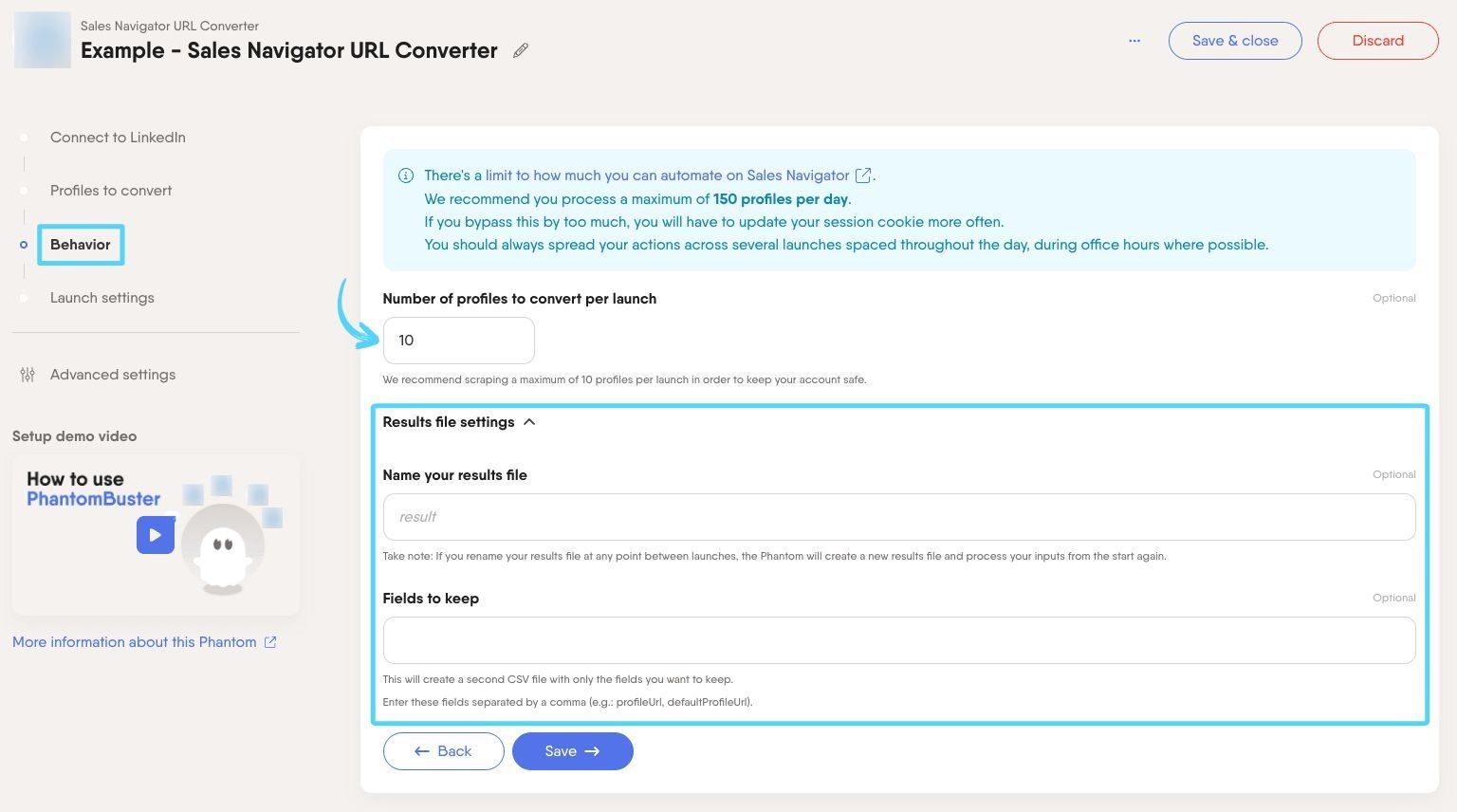 PhantomBuster Sales Navigator URL Converter step 3 specifying how many profiles to convert and result file settings