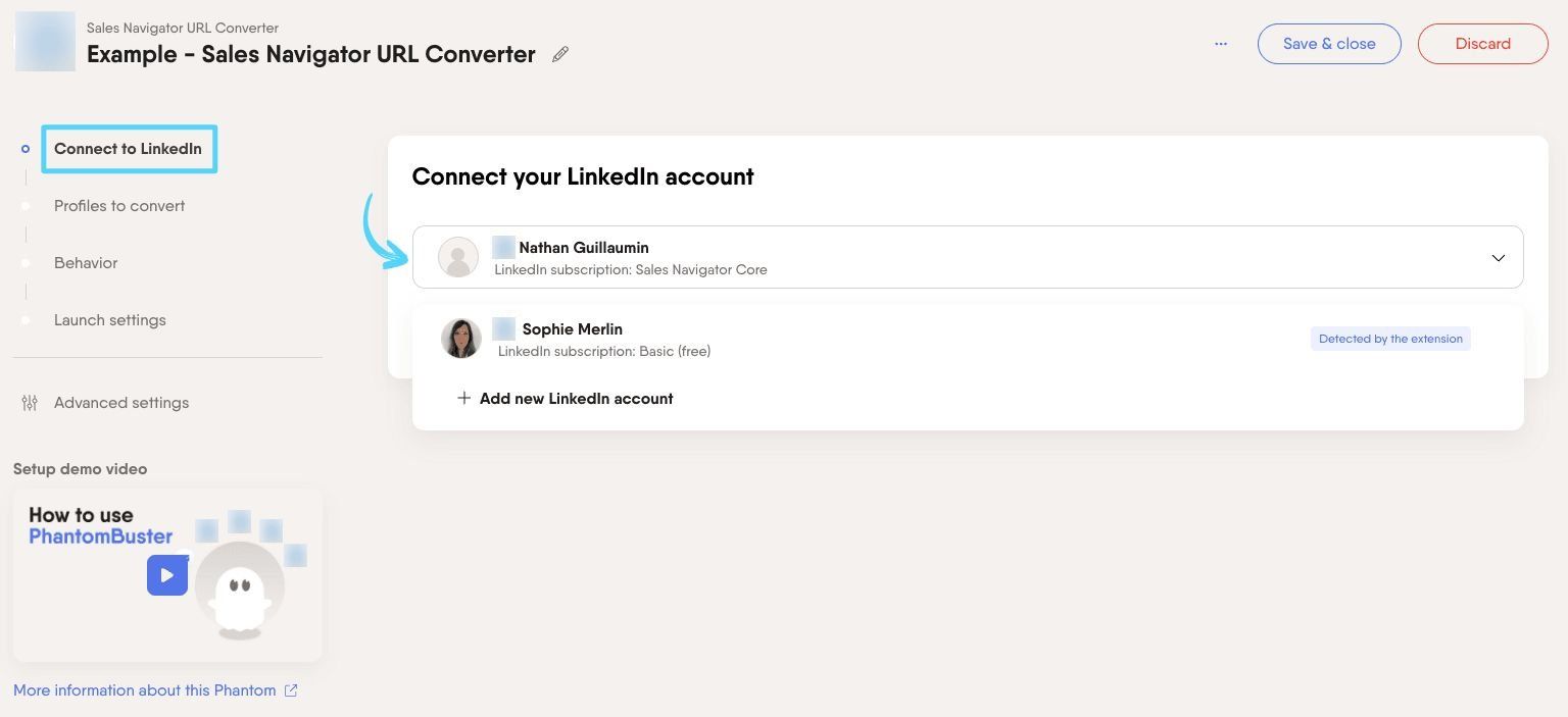 PhantomBuster Sales Navigator URL Converter step 1 connecting your LinkedIn account