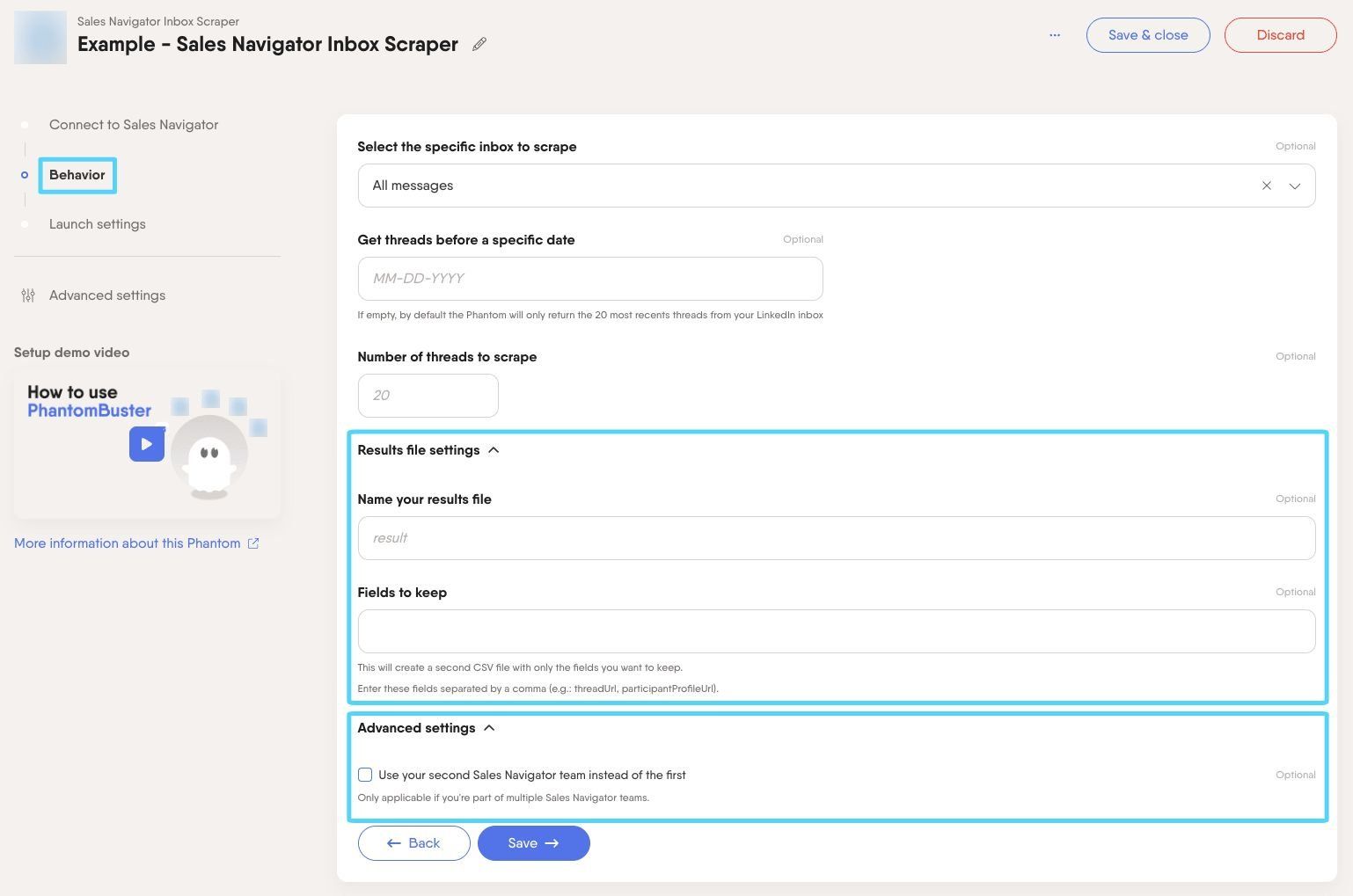 PhantomBuster Sales Navigator Inbox Scraper step 2 result file and advanced settings dropdown menus