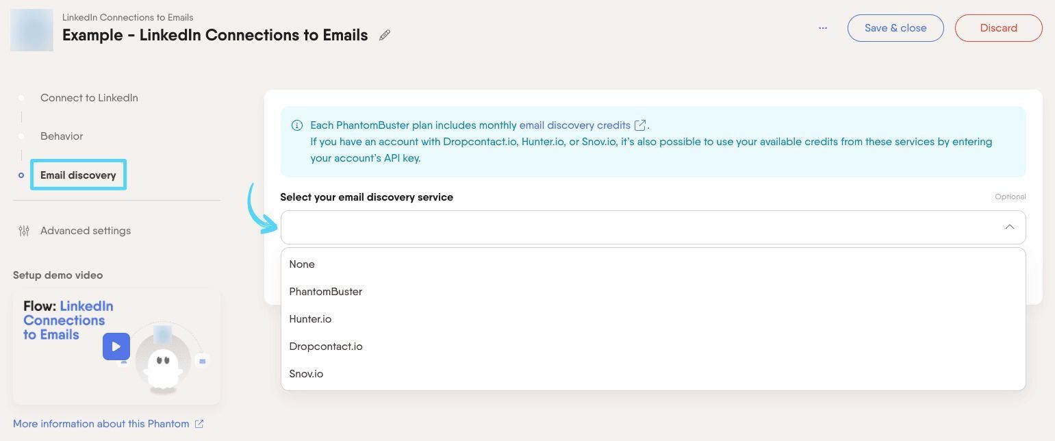PhantomBuster LinkedIn Connections to Emails step 3 selecting an email discovery service to enrich leads