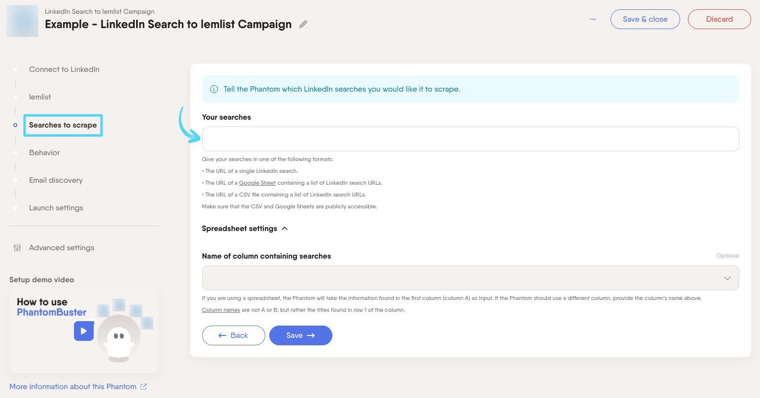 PhantomBuster LinkedIn Search to lemlist Campaign step 3 providing your LinkedIn search URLs