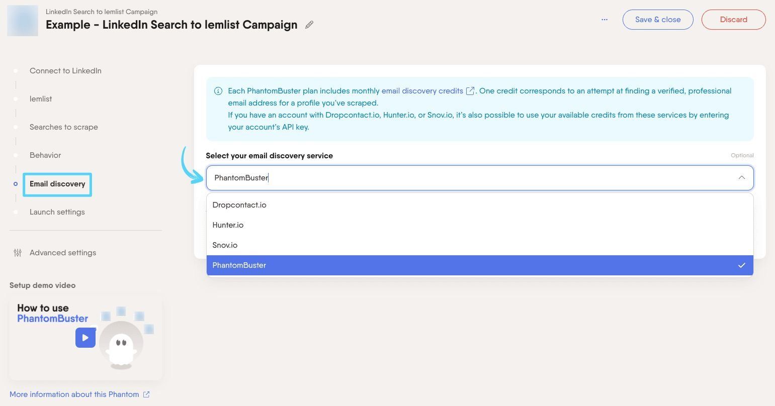 PhantomBuster LinkedIn Search to lemlist Campaign step 5 enriching your leads with professional emails