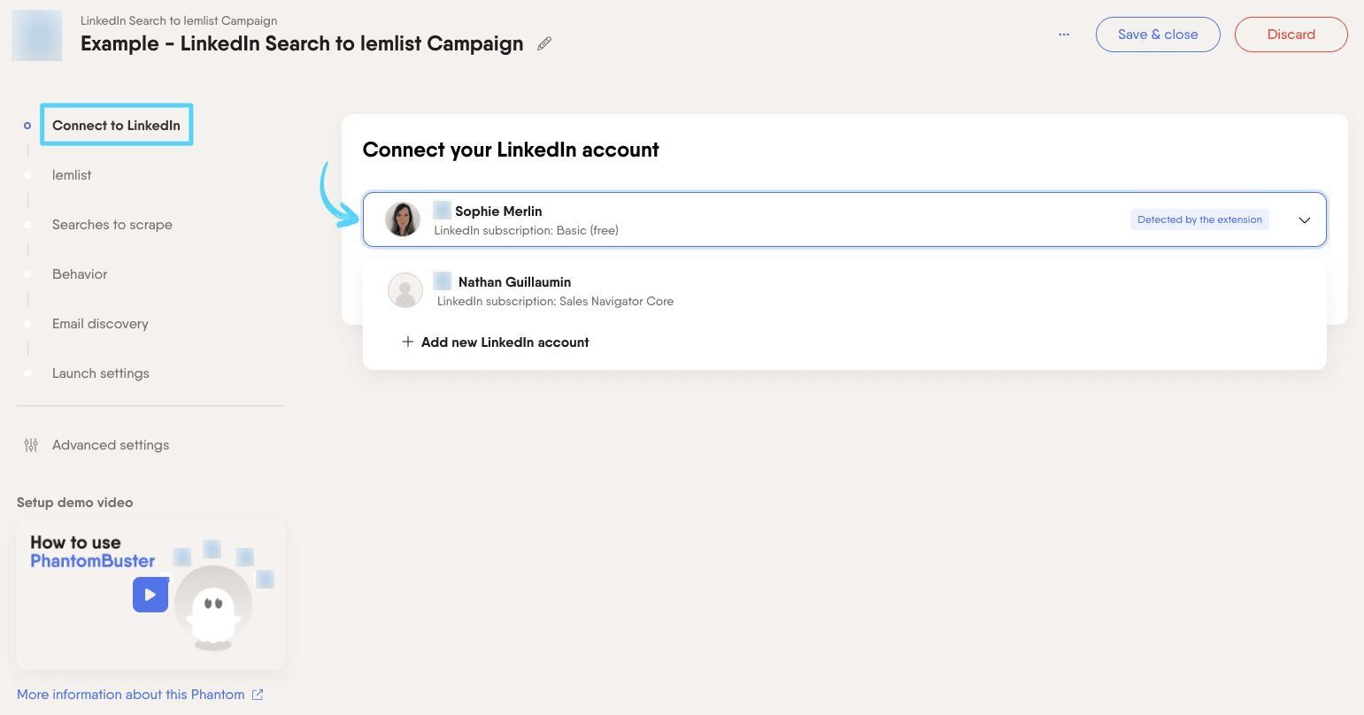 PhantomBuster LinkedIn Search to lemlist Campaign step 1 connecting your LinkedIn account