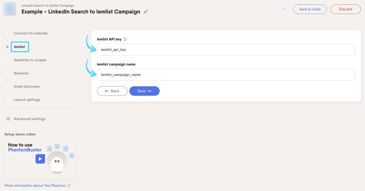 PhantomBuster LinkedIn Search to lemlist Campaign step 2 connecting your lemlist account