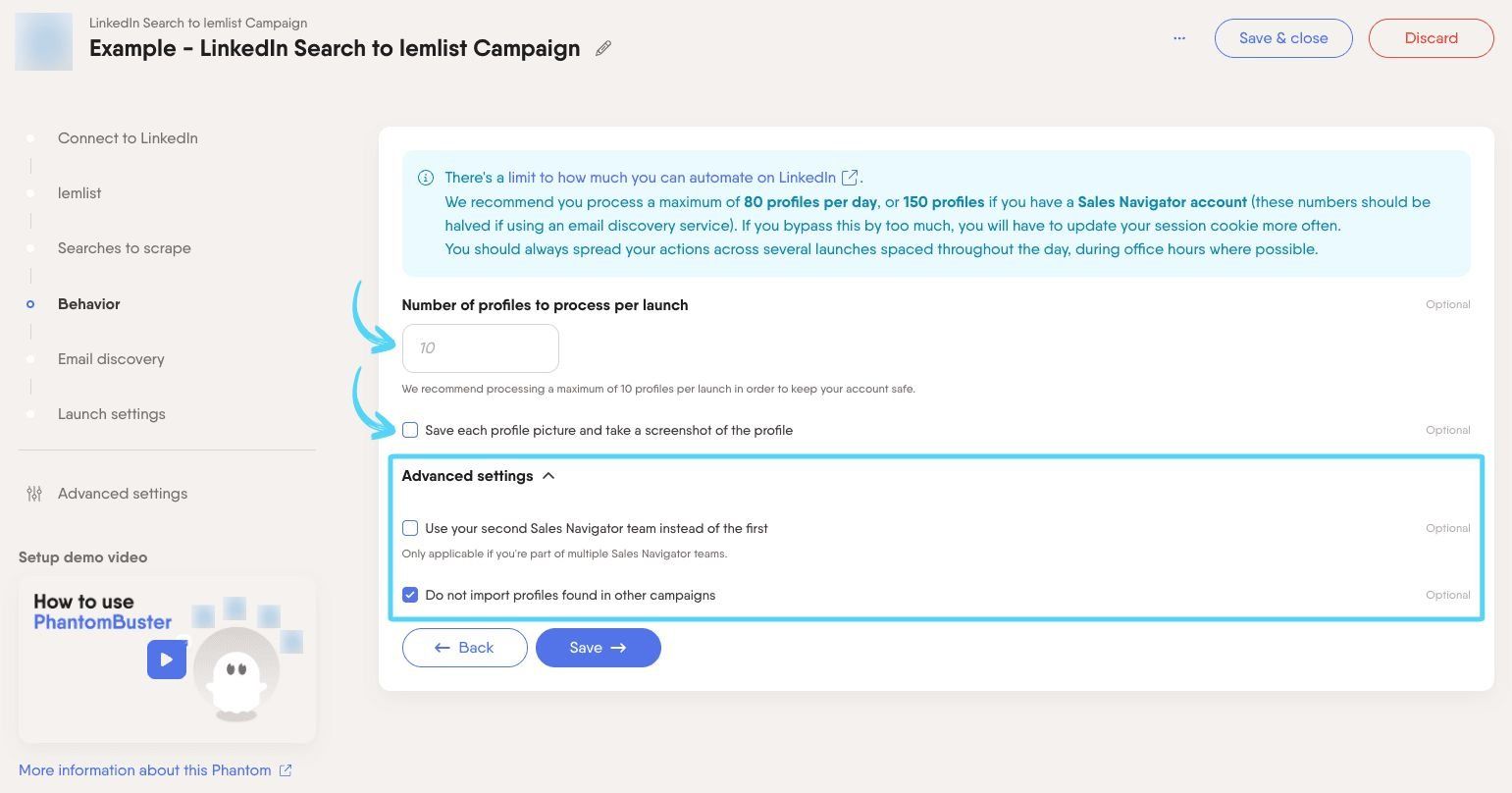 PhantomBuster LinkedIn Search to lemlist Campaign step 4 choosing how many profiles to process per launch
