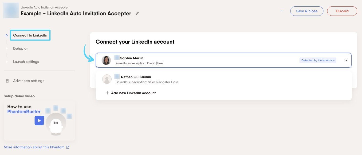 PhantomBuster LinkedIn Auto Invitation Accepter step 1 connecting your LinkedIn account
