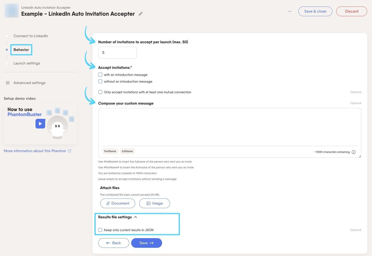 PhantomBuster LinkedIn Auto Invitation Accepter step 2 configuring invitation acceptance