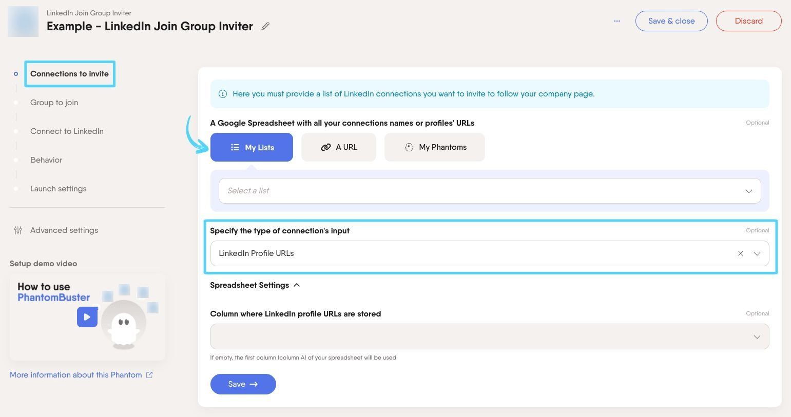 PhantomBuster LinkedIn Join Group Inviter step 1 providing your connections list