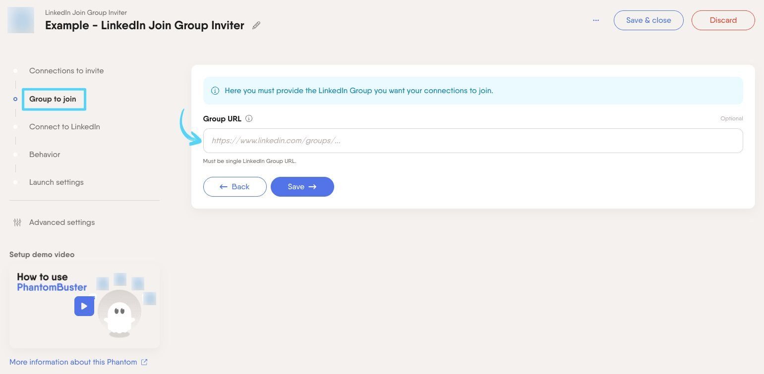 PhantomBuster LinkedIn Join Group Inviter step 2 providing the LinkedIn group URL