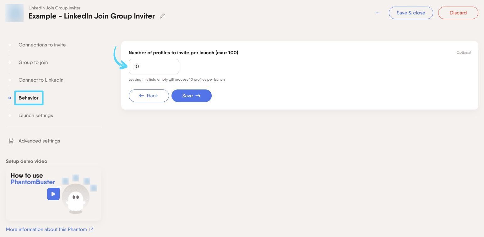 PhantomBuster LinkedIn Join Group Inviter step 4 configuring how many invitations to send