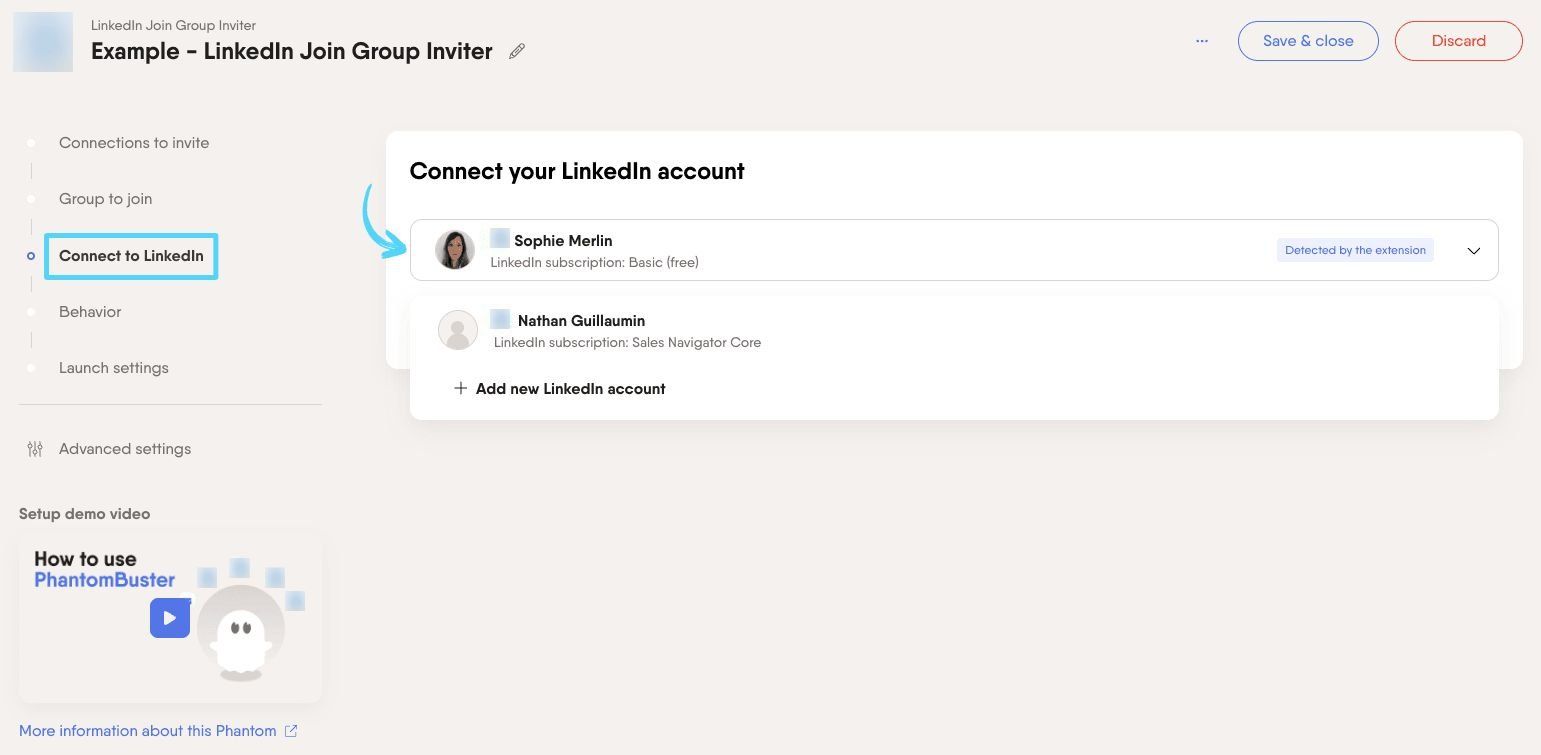 PhantomBuster LinkedIn Join Group Inviter step 3 connecting your LinkedIn account