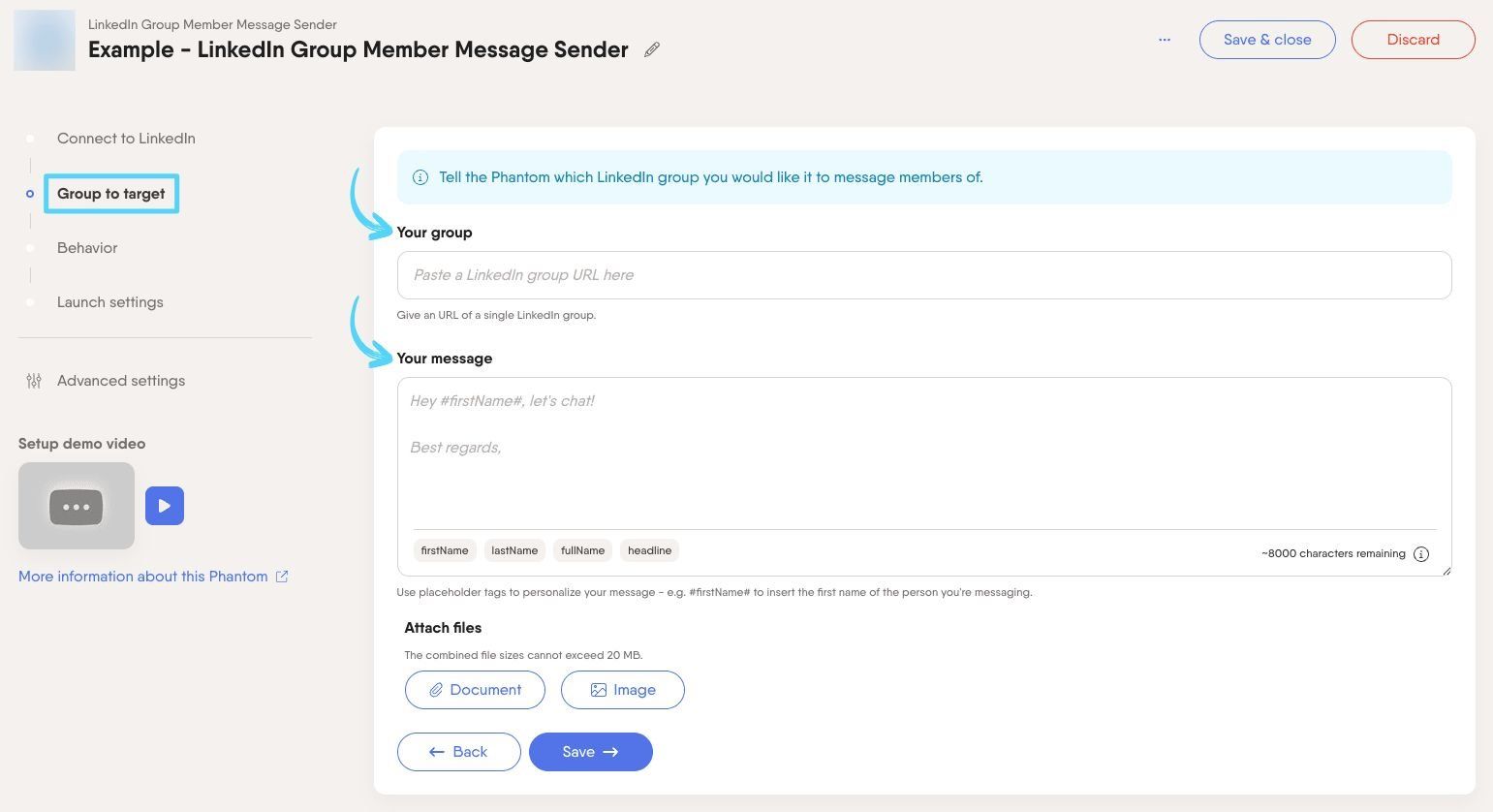 PhantomBuster LinkedIn Group Member Message Sender step 2 providing the group URL and writing your message