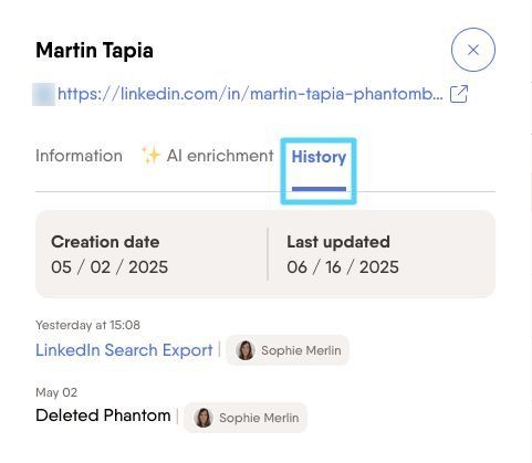 History tab displaying automation timeline for a lead in PhantomBuster