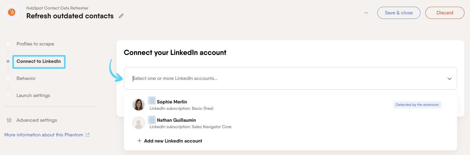PhantomBuster HubSpot Contact Data Refresher step 2 connecting your LinkedIn account