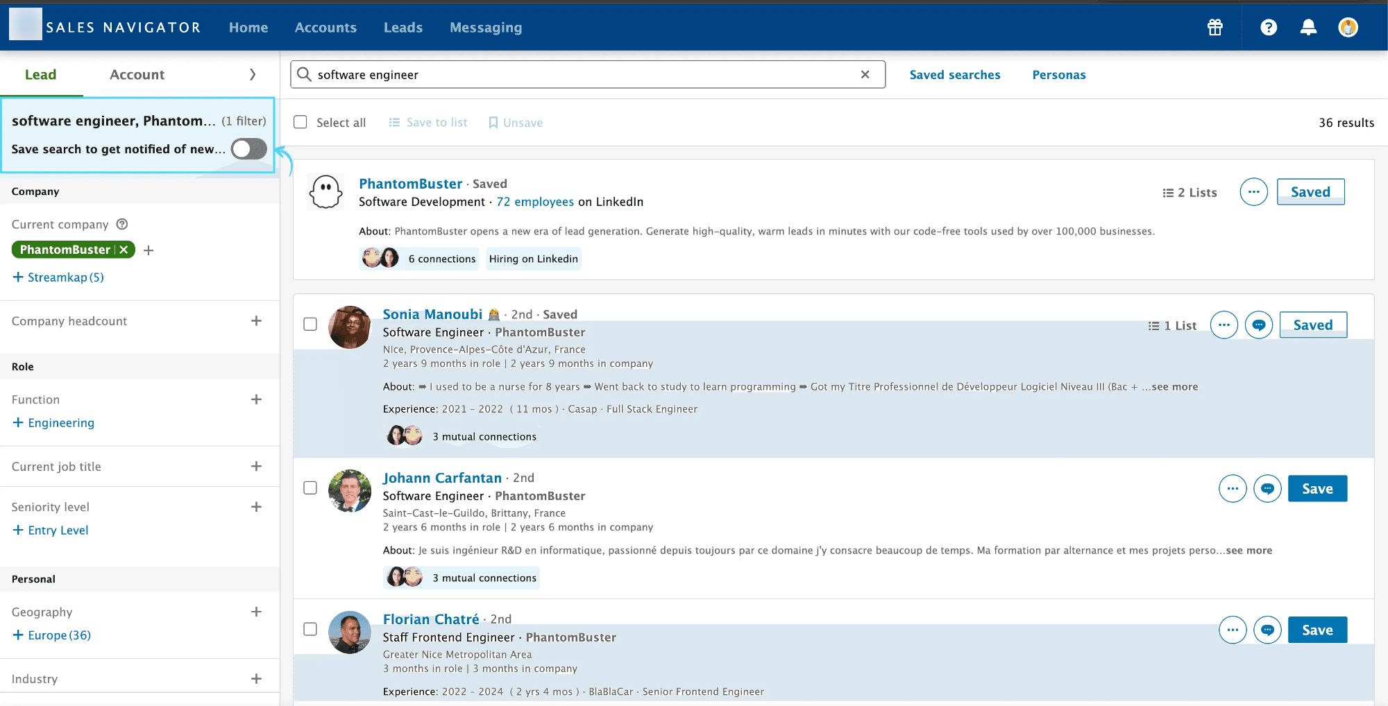 Sales Navigator search results page showing the Save search button to create a shorter saved search URL