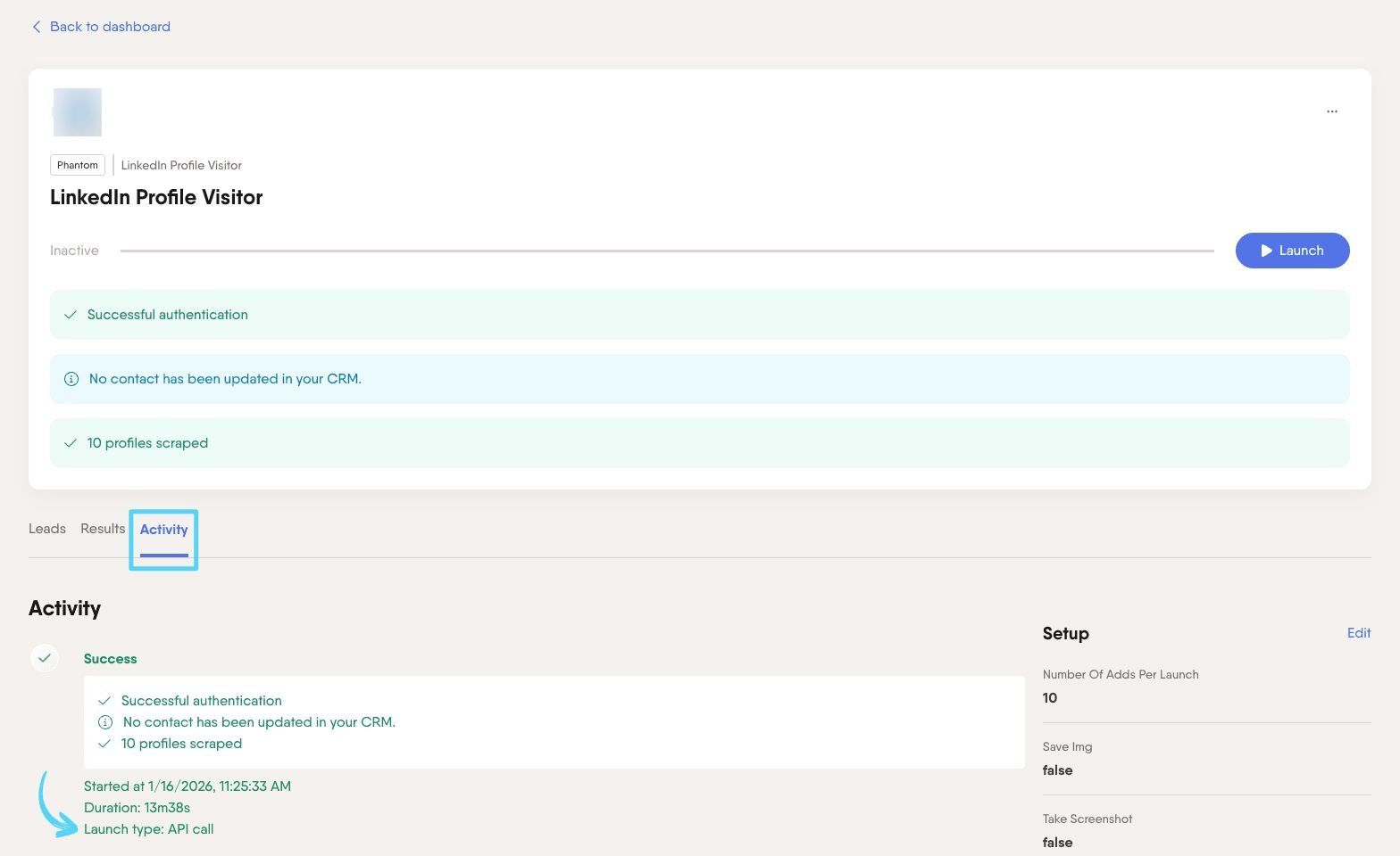 PhantomBuster API response showing the second Phantom processing the first Phantom output