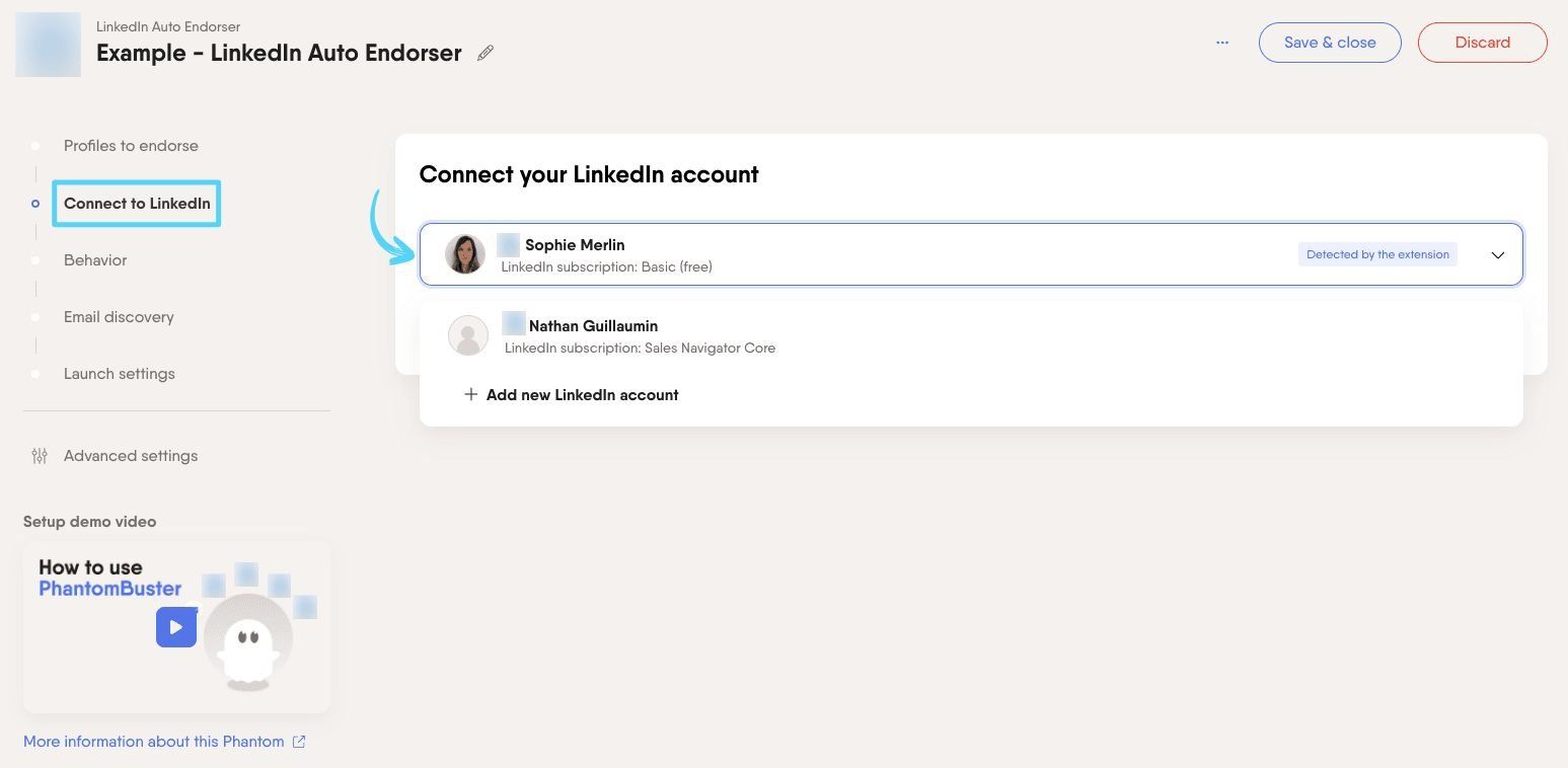 PhantomBuster LinkedIn Auto Endorser step 2 connecting your LinkedIn account