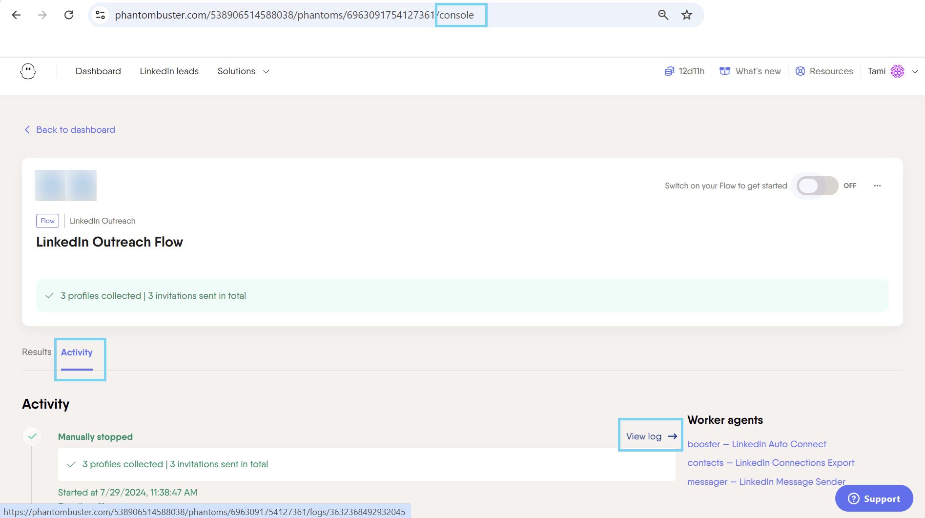 Workflow console page showing Activity tab and View log option for error details