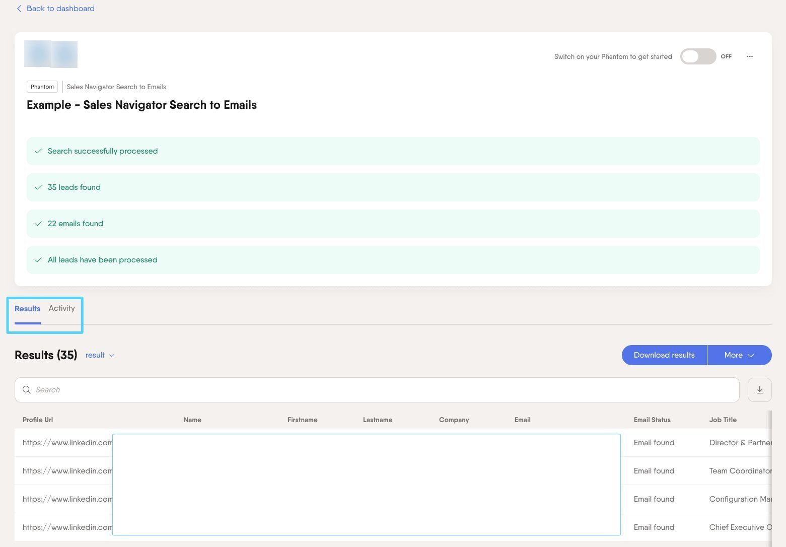 Workflow console view showing Results and Activity tabs without a Dashboard