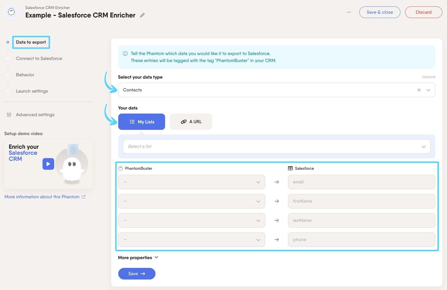 PhantomBuster Salesforce CRM Enricher step 1 providing your input data