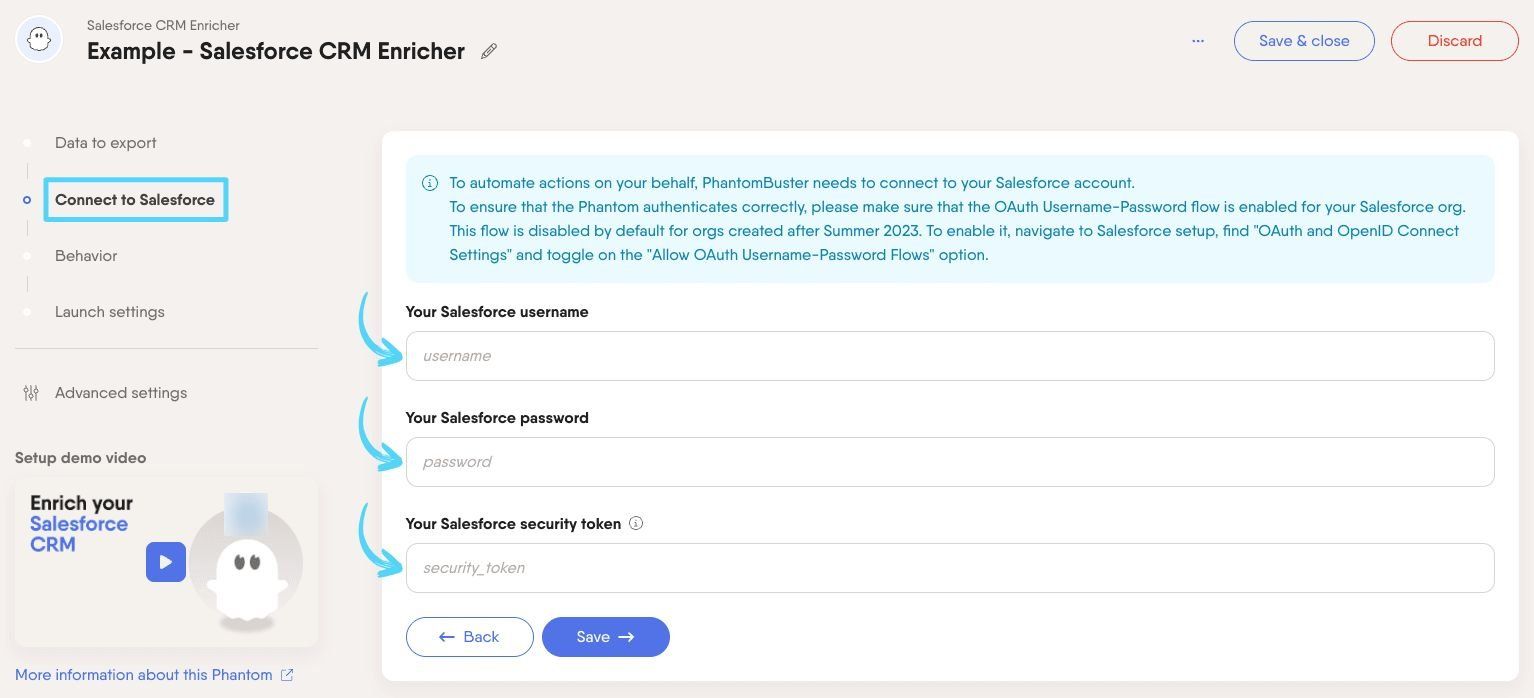PhantomBuster Salesforce CRM Enricher step 2 connecting with your Salesforce credentials
