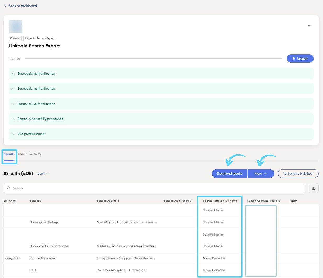 PhantomBuster Phantom console Results tab with Search Account Full Name column identifying which account extracted each lead