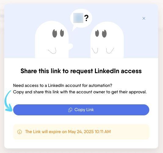 PhantomBuster reconnection dialog with magic link copy option for a disconnected LinkedIn account