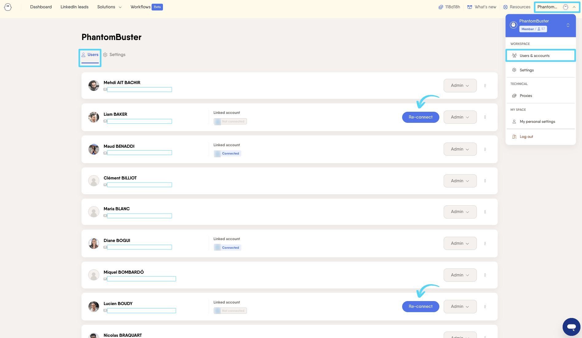 PhantomBuster Users & accounts tab showing connected and disconnected LinkedIn accounts with reconnect options