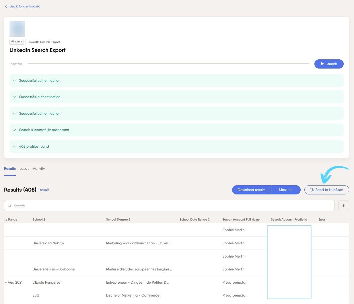 PhantomBuster Phantom console Results tab with Send to HubSpot button