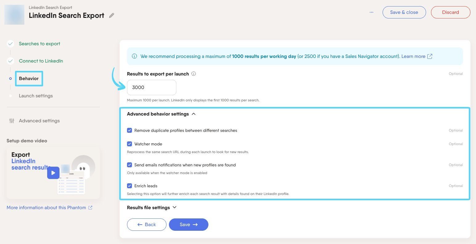 PhantomBuster Behavior step showing total results setting for multi-account LinkedIn Search Export