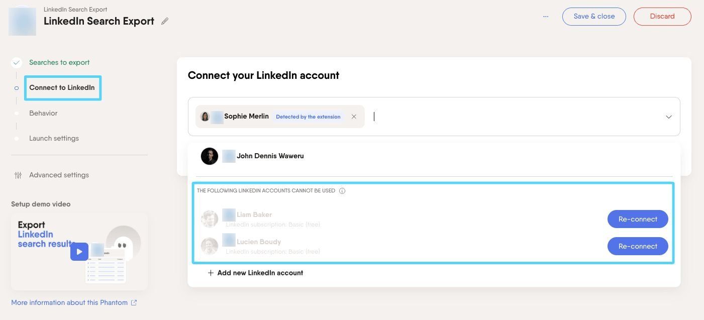 PhantomBuster Connect to LinkedIn step showing disconnected accounts at the bottom with Reconnect button